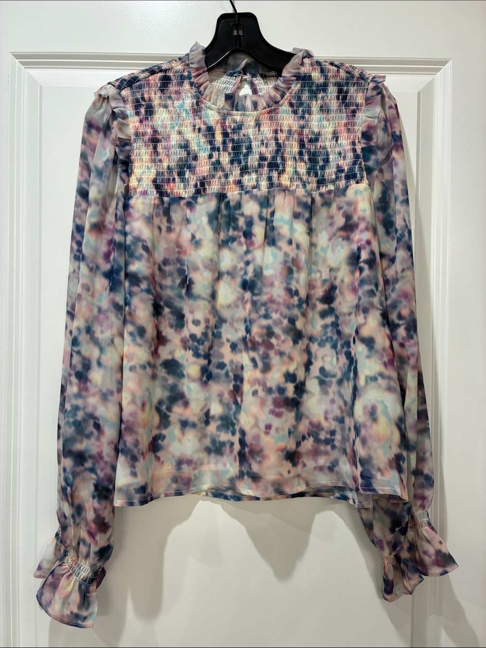 Steve Madden Smocked Long-Sleeve Blouse in Multi Pastel Print